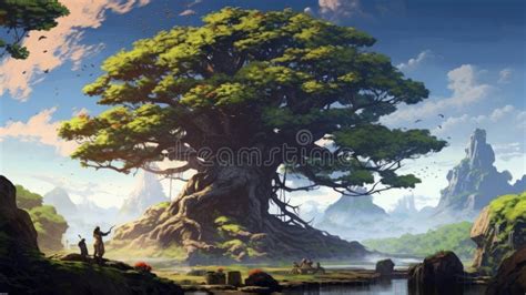 Digital Art of Fantasy Landscape with Giant Tree and Figure by the ...