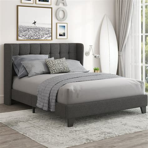 Amolife Queen Size Platform Bed with Wingback Headboard, Mattress Foundation, Square Stitched ...