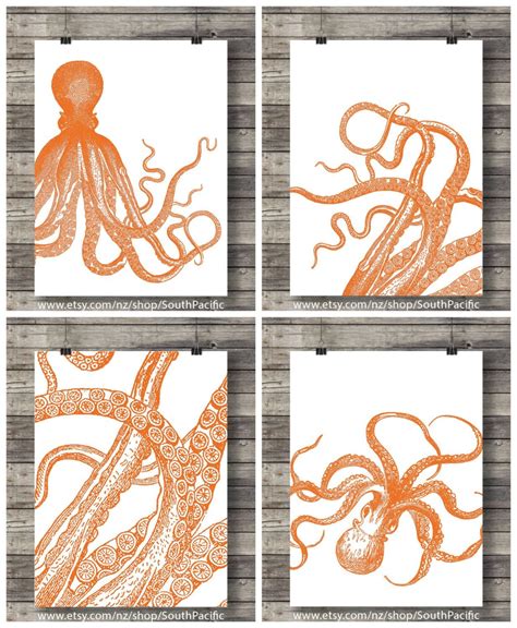 Octopus prints | Orange coastal beach Nautical | Set of four | Octopus ...