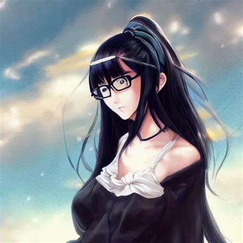 anime young woman with long black hair, with glasses, | Stable Diffusion