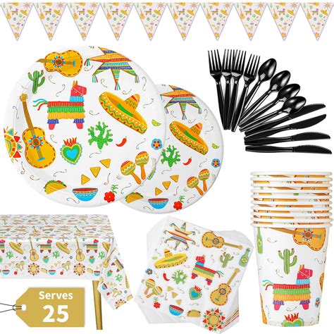 Fiesta Party Supplies 177PCS Mexican Theme Disposable Tableware Set Includes Plates, 12oz Cups ...