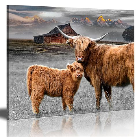 Buy Rinsiken Highland Cattle Wall Art with Long Horns Picture – Highland Cow Print on Canvas ...