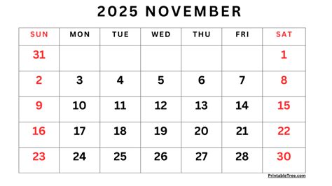 November 2025 Calendar Printable PDF Template with Holidays