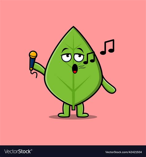 Cute cartoon green leaf singer holding mic Vector Image