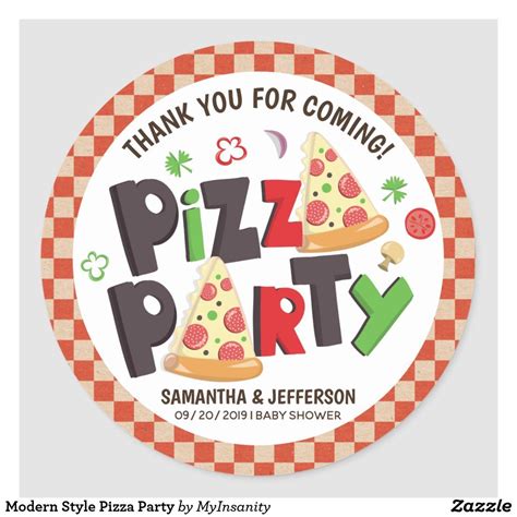 Modern Style Pizza Party Classic Round Sticker | Zazzle | Pizza party, Pizza party invitations ...