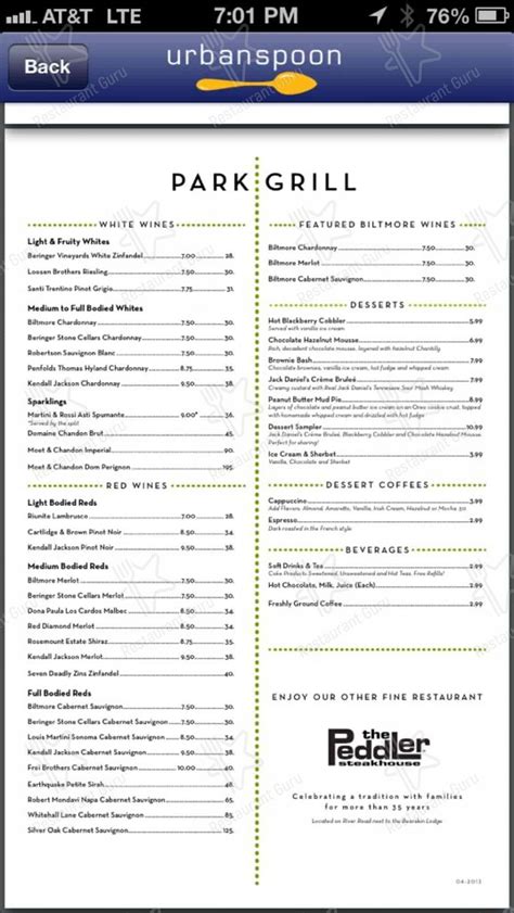 Menu at The Park Grill steakhouse, Gatlinburg, Parkway