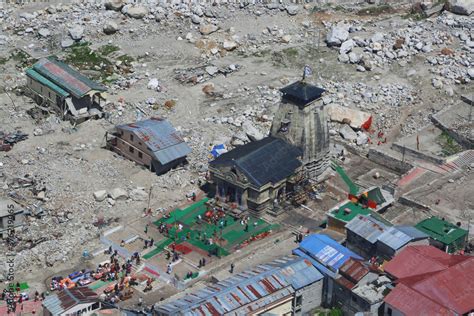 Kedarnath temple aerial view after Kedarnath Disaster 2013. Heavy loss ...