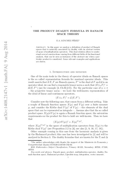 (PDF) THE PRODUCT DUALITY FORMULA IN BANACH SPACE THEORY | Enrique A. Sanchez Perez - Academia.edu