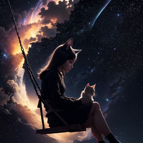 Cute Girl Wallpaper 4K, Kitten, Dream, Surreal, Night sky