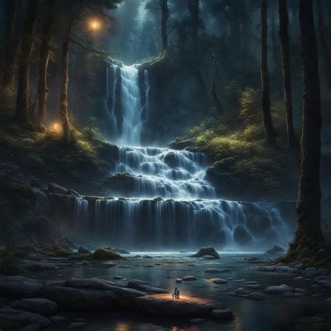 A huge waterfall in a deep dark forest at night, insects glowing ...