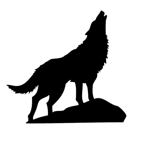 a black and white silhouette of a wolf standing on top of a hill ...