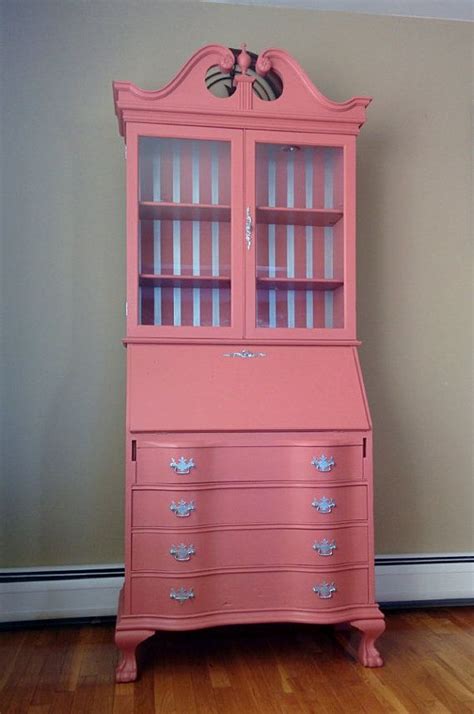 Painted Coral & Silver Chippendale Style Secretary Desk/ Hutch/ Bookcase on Etsy, $700.00 ...