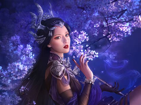 Enchanted Elegance: HD Wallpaper of a Fantasy Woman in Purple Bloom by Da congjun