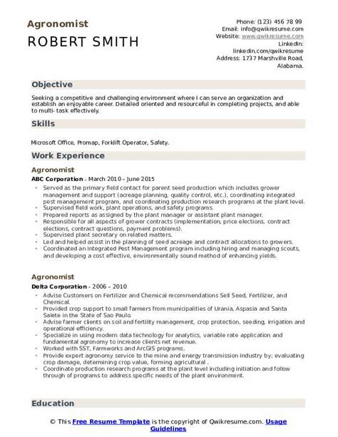 Agronomist Resume Samples | QwikResume