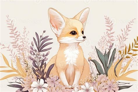 Cute baby fennec fox with floral background 22909386 Stock Photo at Vecteezy