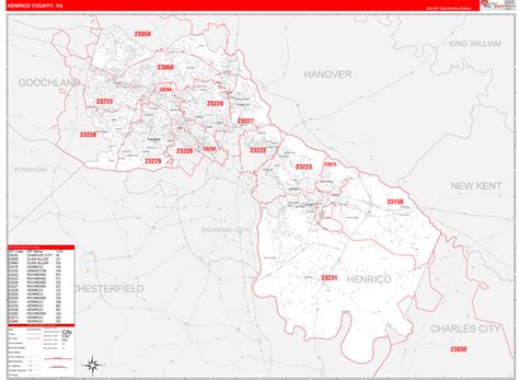 Henrico County, VA Zip Code Wall Map Red Line Style by MarketMAPS ...