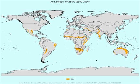 Köppen–Geiger climate classification map for Arid, steppe, hot (BSh) (1980-2016)