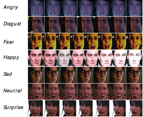 The 7 emotions of the AFEW dataset: each row represents an emotion with ...