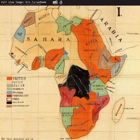 Map of colonial powers in Africa in 1906, prepared by the Wells Missionary Map Co. Very high ...