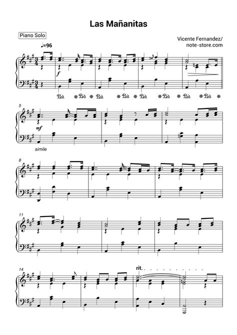 Vicente Fernandez - Las Mananitas sheet music for piano download | Piano.Solo SKU PSO0016594 at