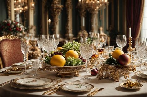 Premium AI Image | a dining table set for a formal dinner party with ornate tableware elegant ...