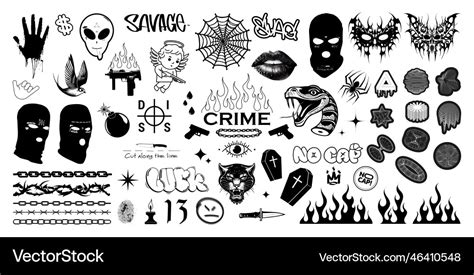 Crime elements graphic set gang tattoo brutalism Vector Image