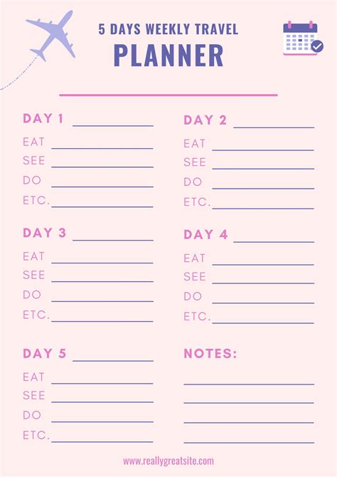 Purple and Pink 5 Days Weekly Travel Planner Itinerary, Travel Journal Template Trip Planner ...