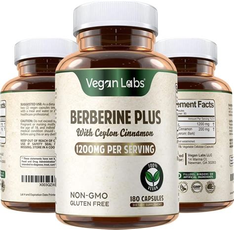 Vegan Labs Berberine HCL 1200MG with Organic Ceylon Cinnamon- 180 Vegan Capsules- Supports ...