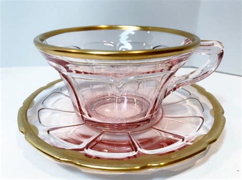 Reserved for H, Pink Depression Glass Tea Cup and Saucer, Elegant Glassware, Vintage Tea Cups ...