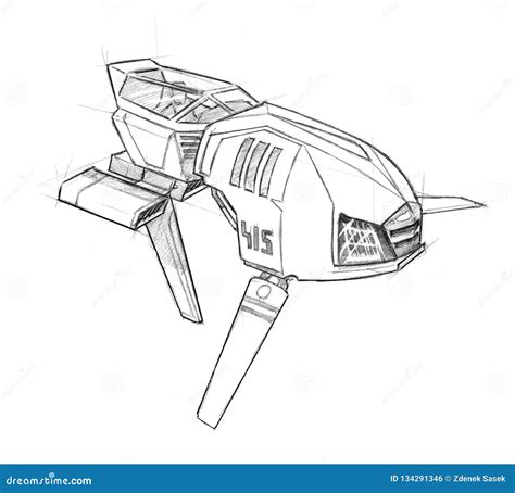 Ink Concept Art Drawing of Futuristic SpaceShip or Aircraft Stock ...