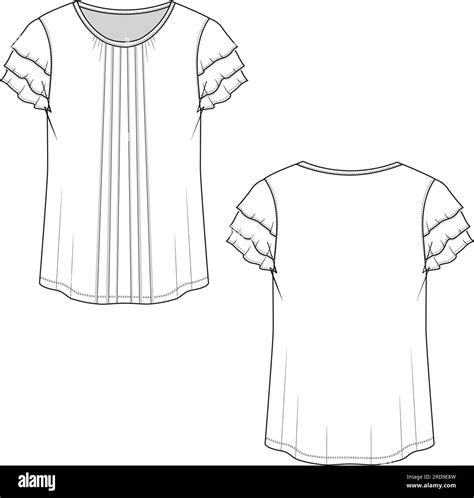 Women Fashion pleated Tiered ruffles sleeve t-shirt top technical flat sketch drawing Stock ...