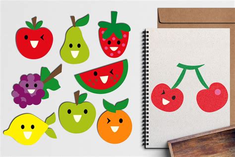 Smile! Fruit faces clip art in bright colors. Apple, pear, strawberry, grapes, watermelon ...