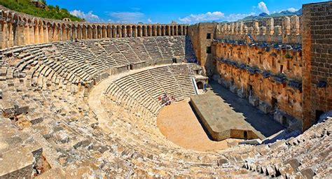 The Roman Theatre of Aspendos, Turkey. Built in 155 AD during the rule of Marcus Aurelius ...