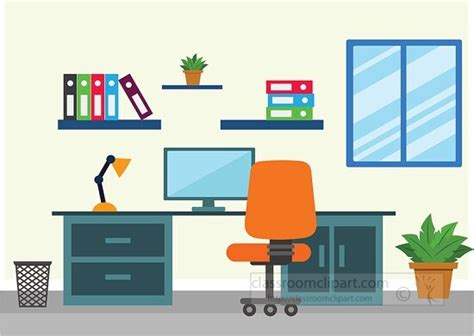 Furniture Clipart-working office space with desk bookshelf computer clipart