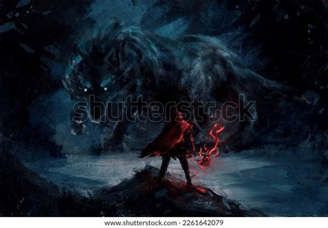 Warrior Standing Confront Fenrir Giaant Wolf Stock Illustration ...