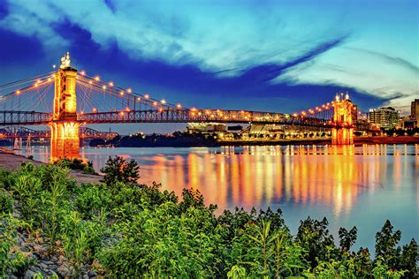 Cincinnati John A. Roebling Bridge at Dusk Along The Ohio River ...