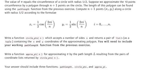 Solved The value of π equals the circumference of a circle | Chegg.com