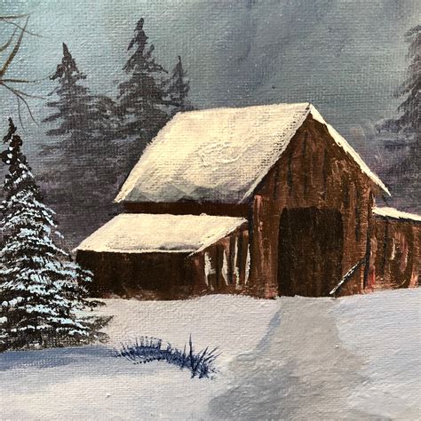 Original acrylic painting//cabin in the woods//snow | Etsy