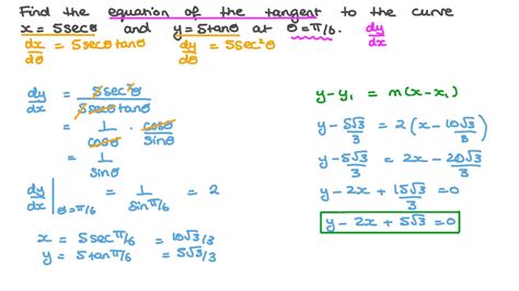 Question Video: Finding the Equation of the Tangent to the Curve Defined by Trigonometric ...