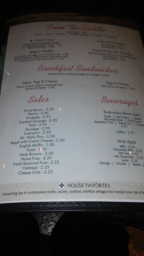 Menu at The Shore Diner restaurant, Jersey Shore