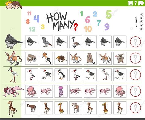 Cartoon Animal Characters Engage Kids In A Counting Challenge Vector, Game Asset, Puzzle, Jabiru ...