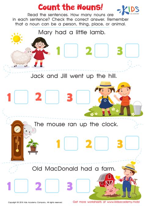 Count the Nouns Worksheet: Free Printable PDF for Kids - Answers and Completion Rate