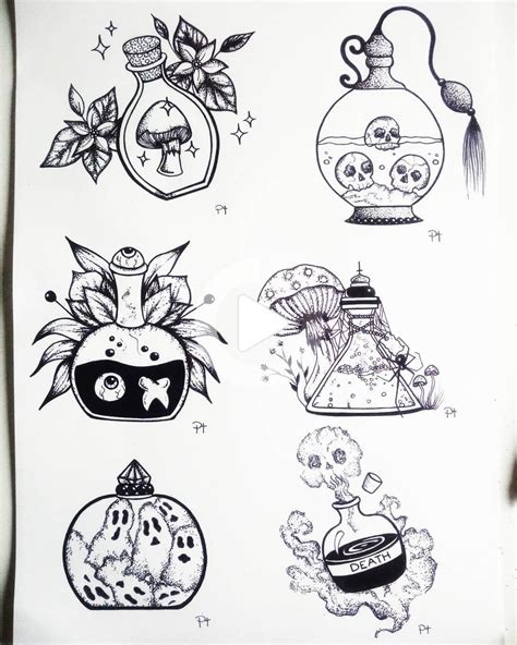 Bouteille de choses Witchy • Noir et blanc • Art • Dessin • Encre noire • Idée Tatouage • Il… en ...