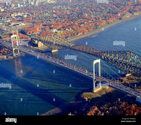 View of Pierre-Laporte and Quebec Bridge over St. Lawrence River, Quebec City, Quebec Stock ...