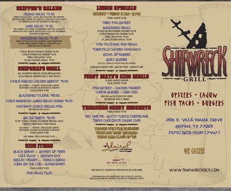 Menu at Shipwreck Grill pub & bar, Bryan