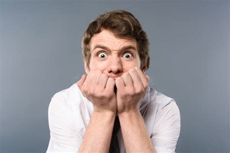 Stressed and Scared Businessman with Funny Face Expression on Grey Background. Stock Image ...