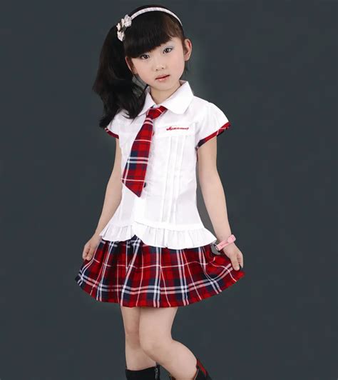 New Korea Student Uniform Girls Cotton School Uniforms Set White Shirt with Red Pleated Plaid ...