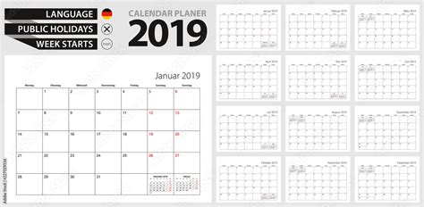 German calendar planner for 2019. German language, week starts from Monday. Vector calendar ...