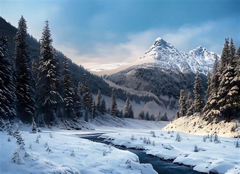 Premium AI Image | Snowcovered landscape with a majestic mountain in the background Pine trees ...