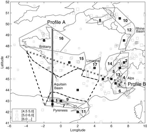 Seismicity, source zones limits and geographical sites considered in... | Download Scientific ...